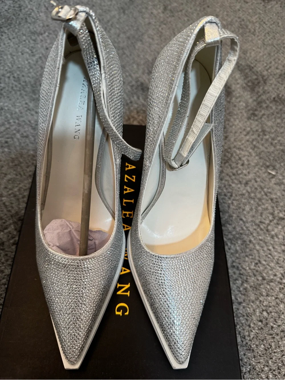 Azalea Wang Silver Glitter Pointed-Toe Ankle-Strap Pumps